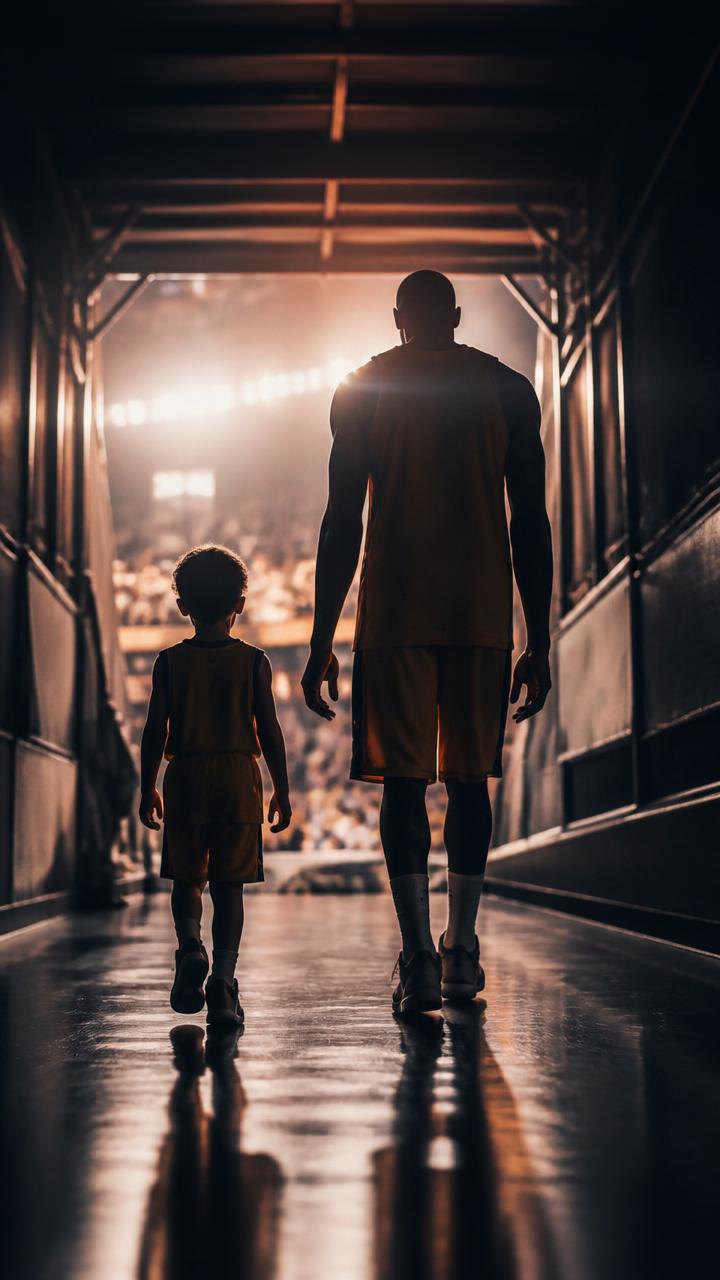 A cinematic still of a child walking beside a basketball player through a players tunnel